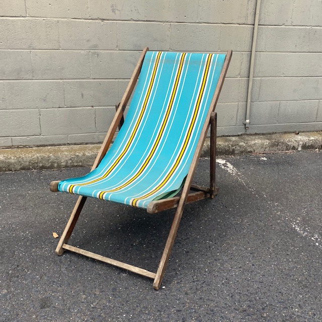CHAIR, Deck Chair - Vintage Turquoise Blue Yellow Stripe on Aged Frame